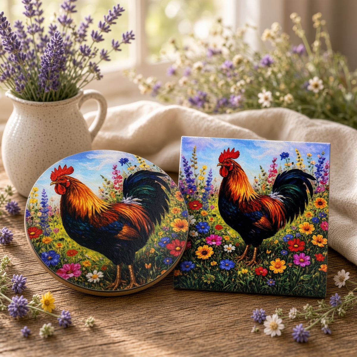 Painterly Coaster and Art Tile Set | Wildflower Hour | Rooster Functional Art